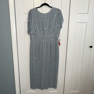 Mac Duggal Glittering Silver Beaded Light Blue Midi Dress NWT